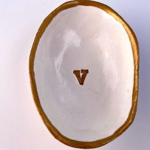 Ring Bowl Handmade Clay White and Gold “V” trinket storage